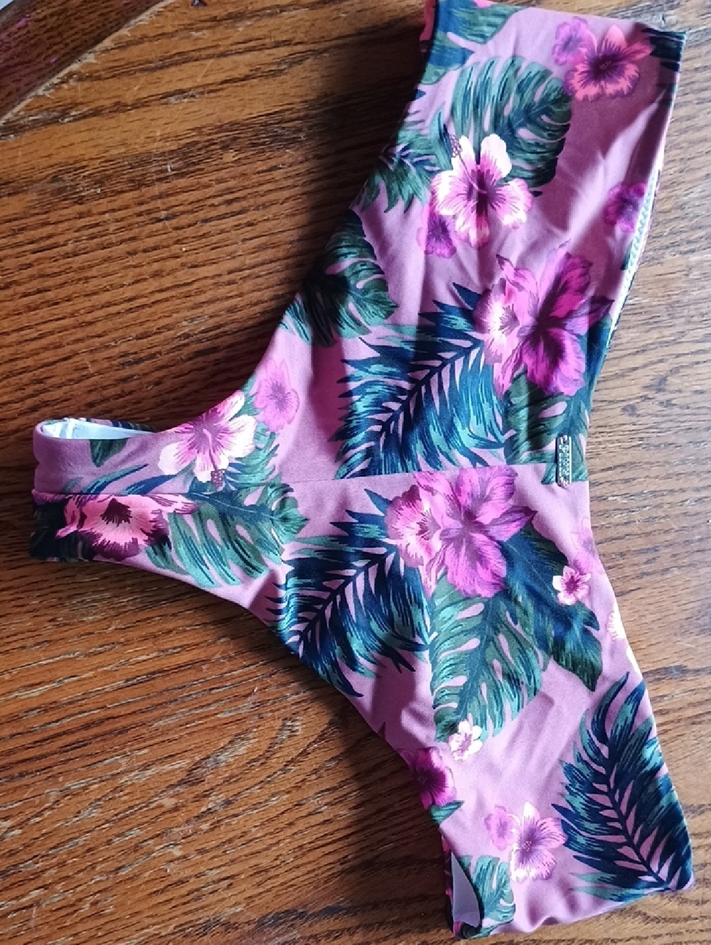 Pink Floral Bikini Bottoms with Tropical Leaf Print